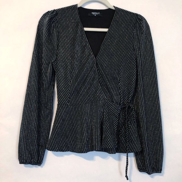 4SI3NNA Tops - 4SI3NNA Black Silver Metallic Stripe Wrap Top XS